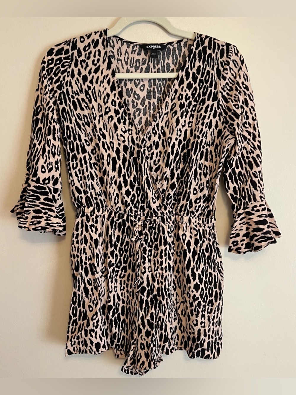 Express Beige and Black Leopard Print Wrap Romper